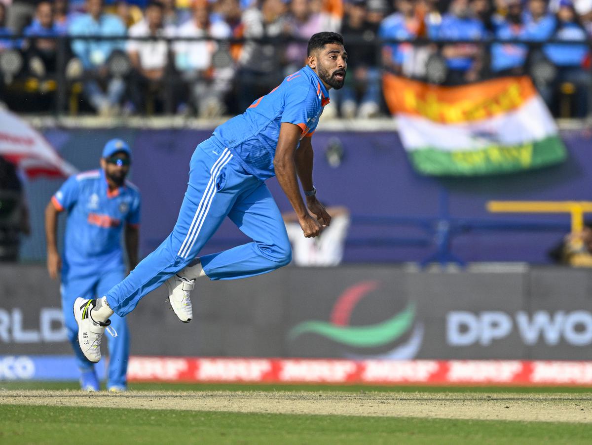 Mohammed Siraj in action during the 2023 ICC Men’s Cricket World Cup one-day international (ODI) match between India and New Zealand at the Himachal Pradesh Cricket Association Stadium in Dharamsala on October 22, 2023.