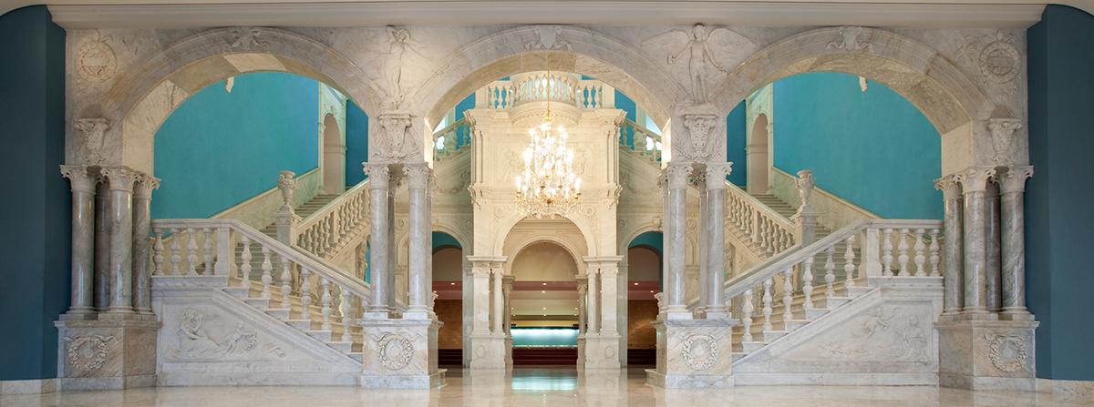 Historic marble staircase at Jamshed Bhabha Theater