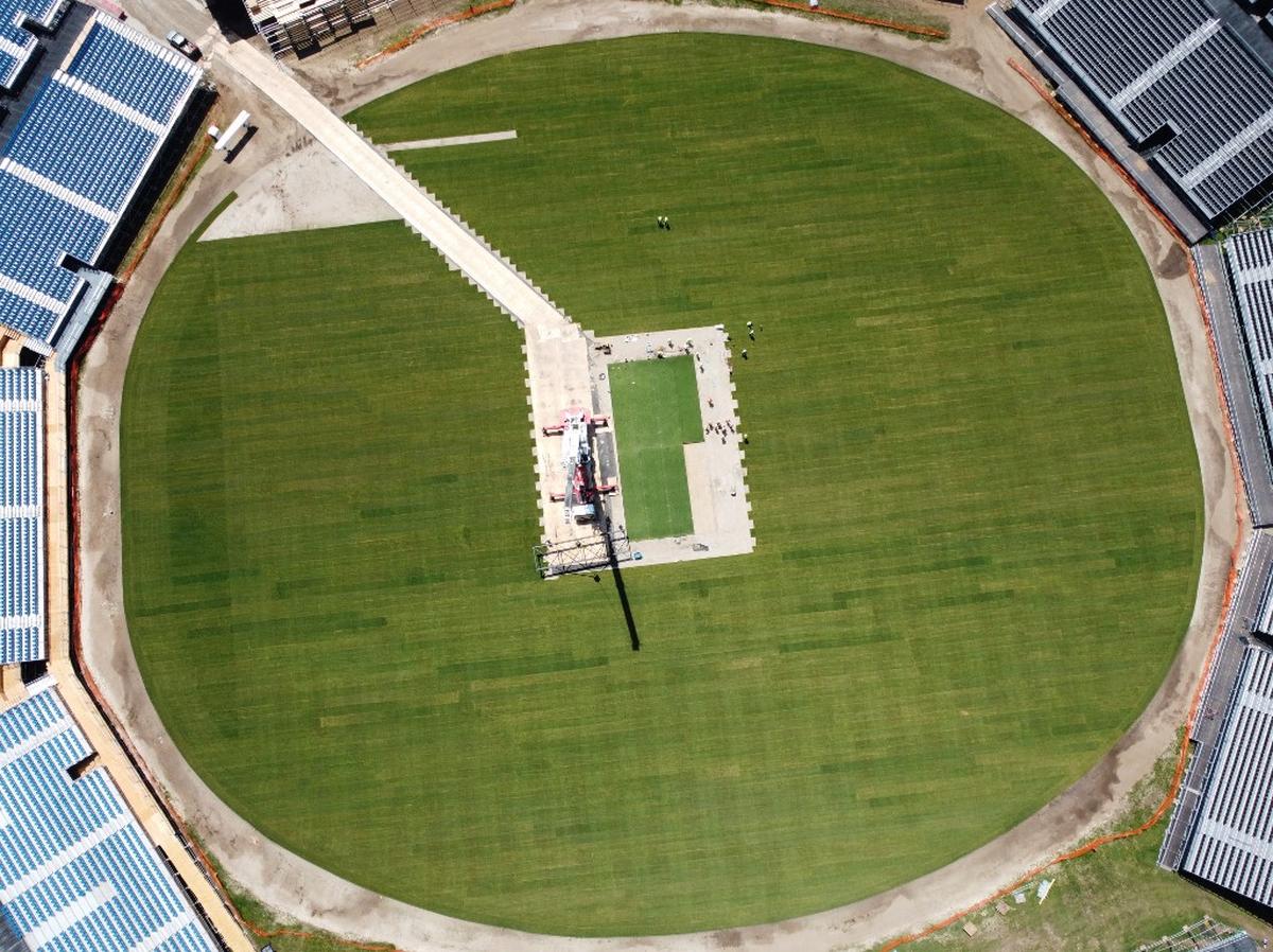 This aerial photo shows the Nassau County International Cricket Stadium under construction in Eisenhower Park in East Meadow, New York