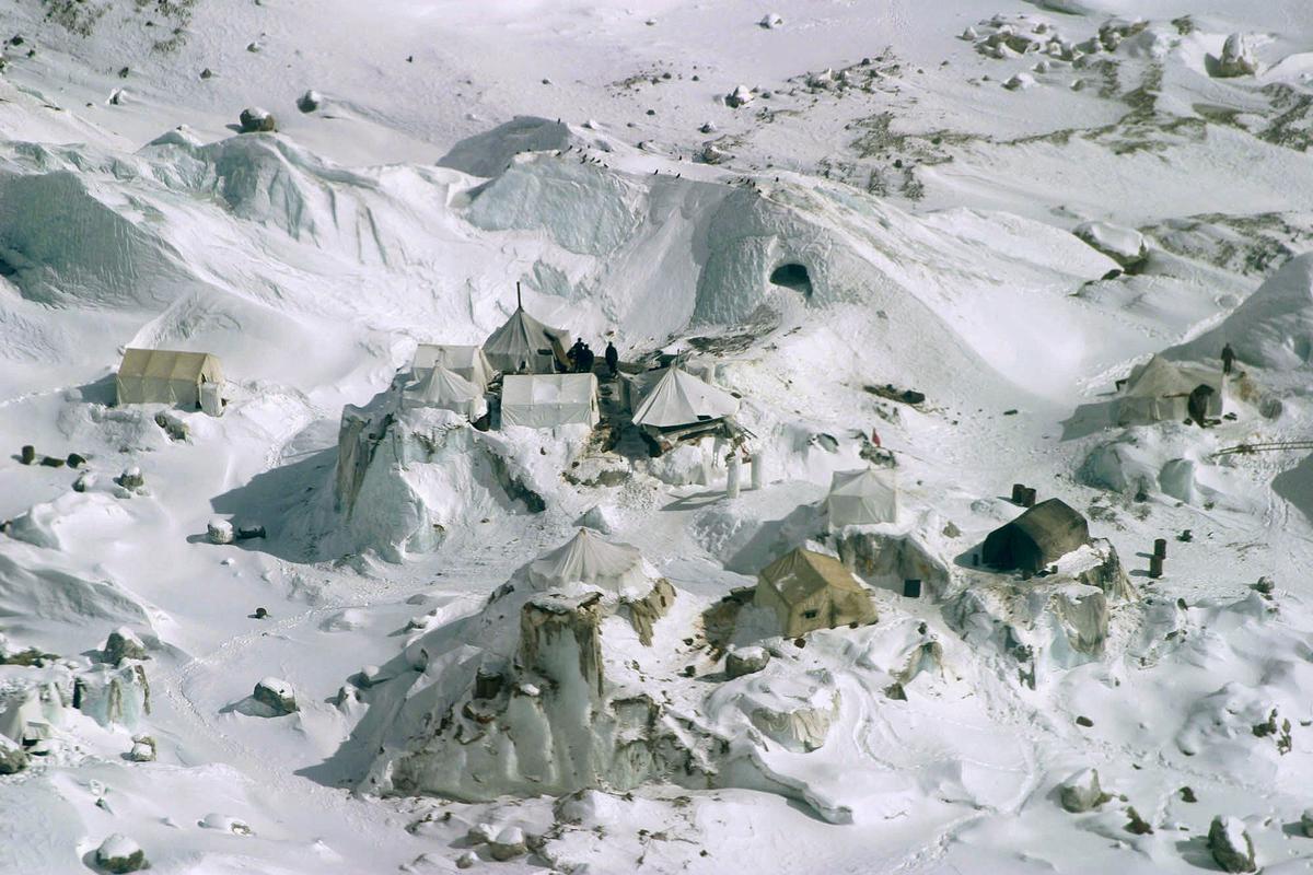 This Feb. 1, 2005 file photo shows an aerial view of an Indian army camp at Siachen Glacier, about 750 kilometers northwest of Jammu.