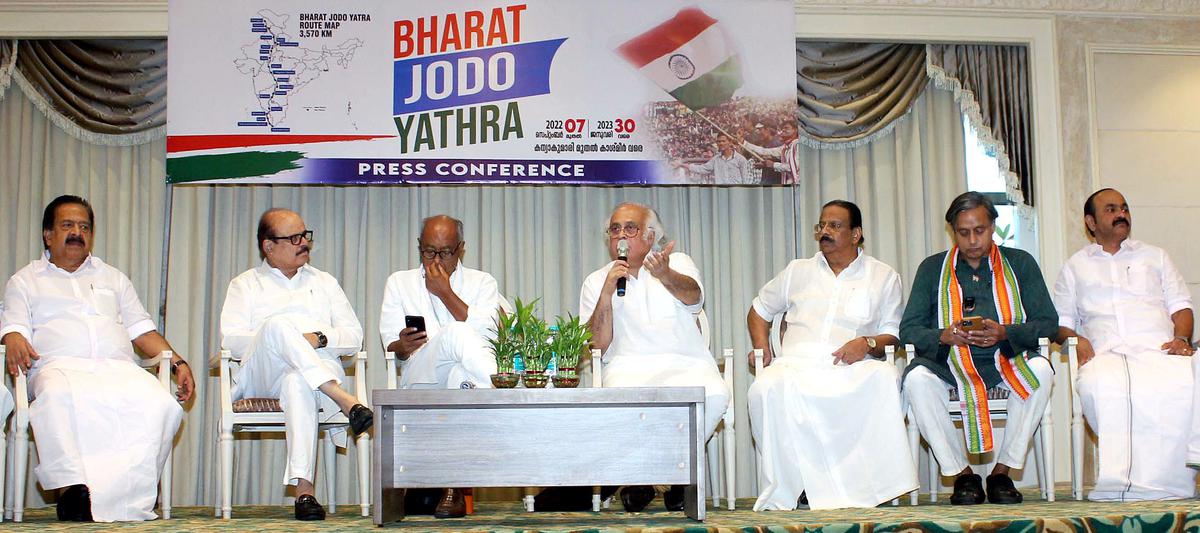 Congress leader Jairam Ramesh speaks during a press conference regarding the party’s ‘Bharat Joda Yatra’ in  Thiruvananthapuram on Tuesday. Congress leaders Digvijaya Singh, Shashi Tharoor and others are present. 