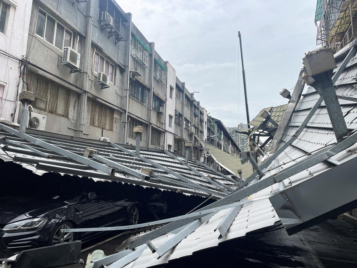 A view of a damaged rooftop, after Typhoon Kong-Rey made landfall in Taipei, Taiwan, on November 1, 2024. 