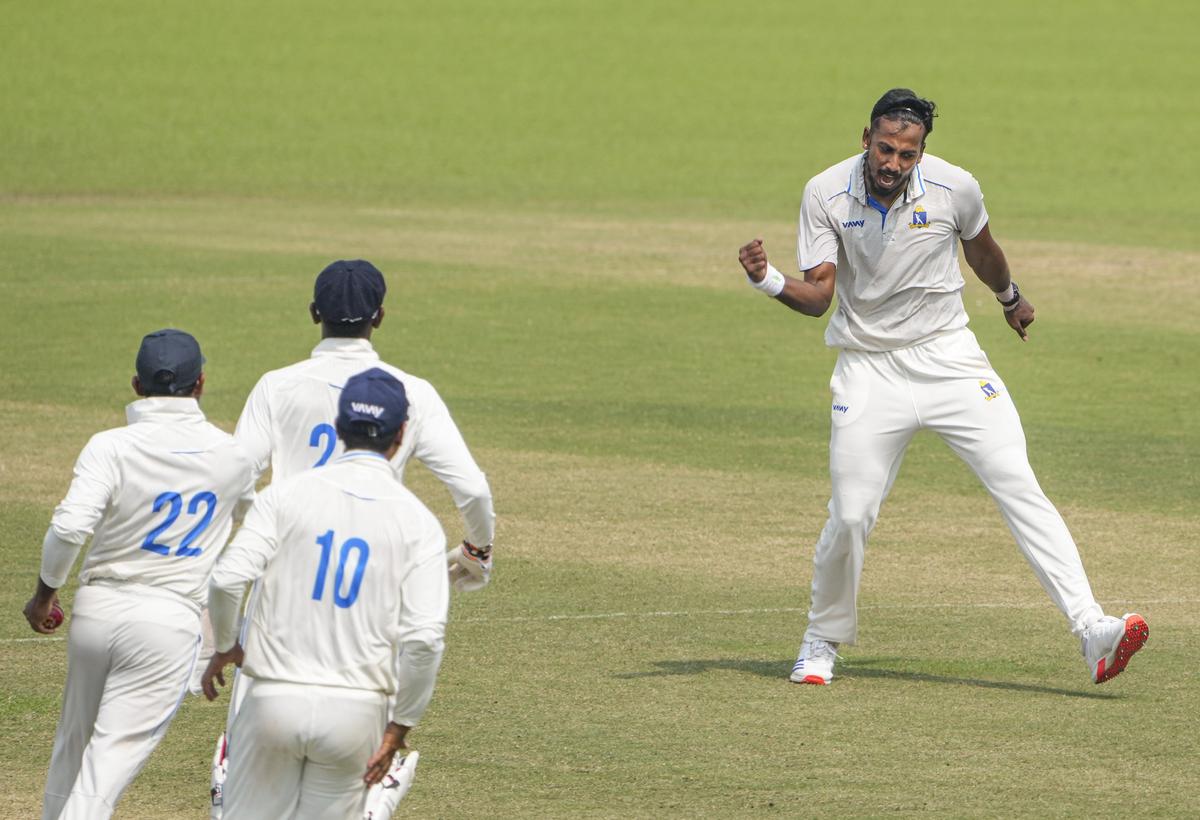 Bengal’s Ishan Porel celebrates after taking the wicket of Uttarakhand’s Jagadeesha Suchith during the fourth and last day of their Ranji Trophy match at the Eden Gardens, in Kolkata, Saturday, Oct. 18, 2025. Bengal’s Ishan Porel celebrates after taking the wicket of Uttarakhand’s Jagadeesha Suchith during the fourth and last day of their Ranji Trophy match at the Eden Gardens, in Kolkata, Saturday, Oct. 18, 2025.