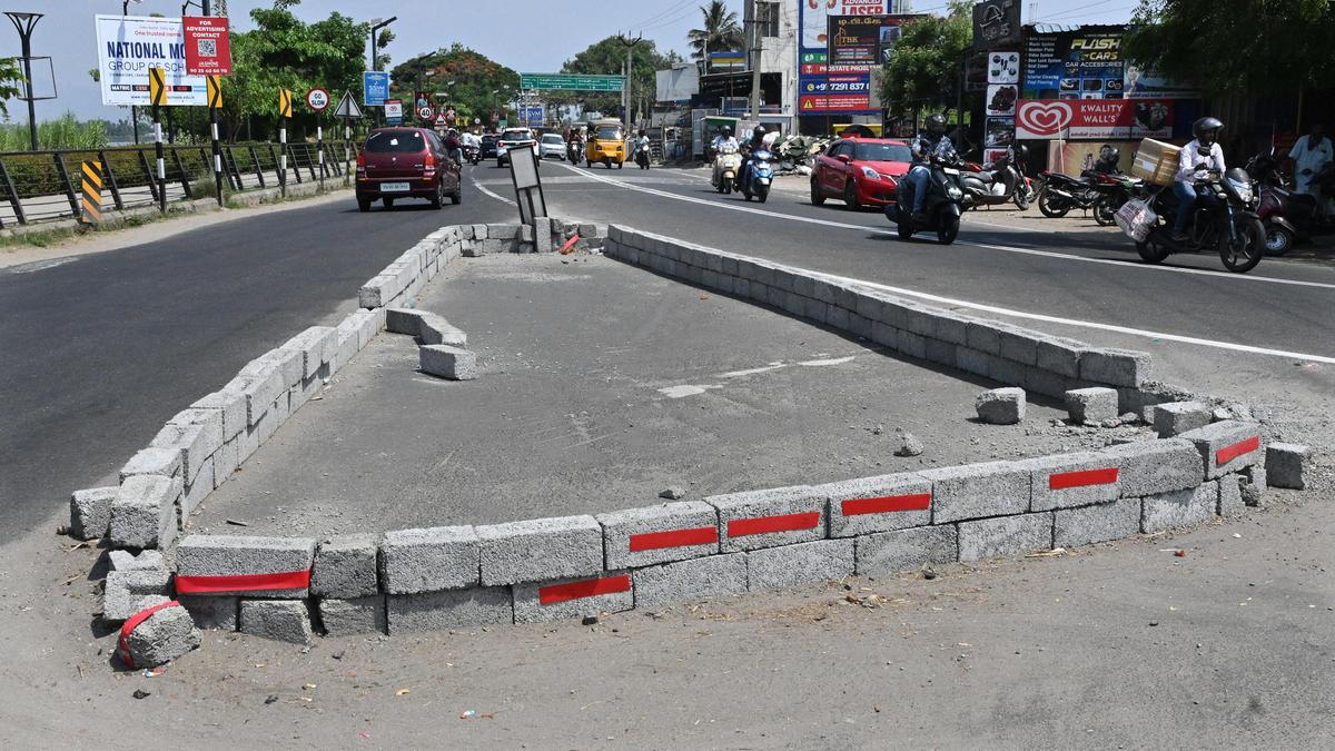 Brick placement for traffic islands on trial basis raises safety concern in Coimbatore