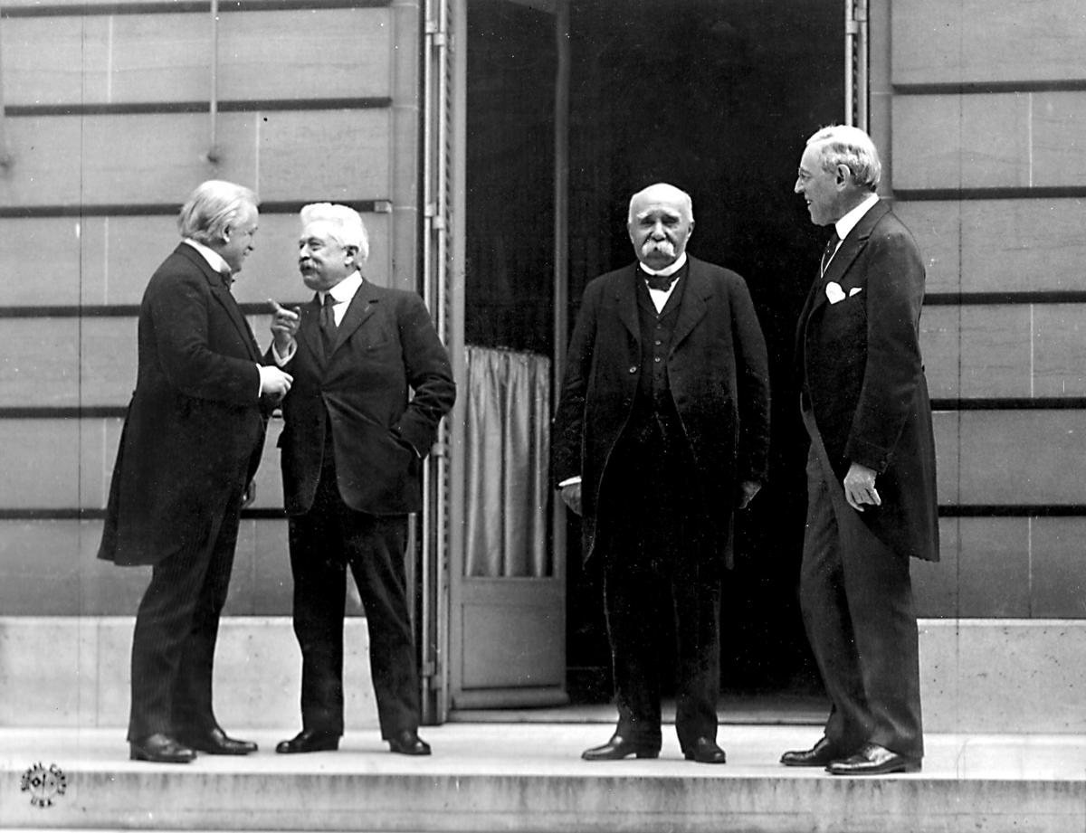 Council of Four at the WWI Paris peace conference in 1919. From left to right, U.K. Prime Minister David Lloyd George, Italy’s Premier Vittorio Orlando, French Premier Georges Clemenceau, and U.S. President Woodrow Wilson. 