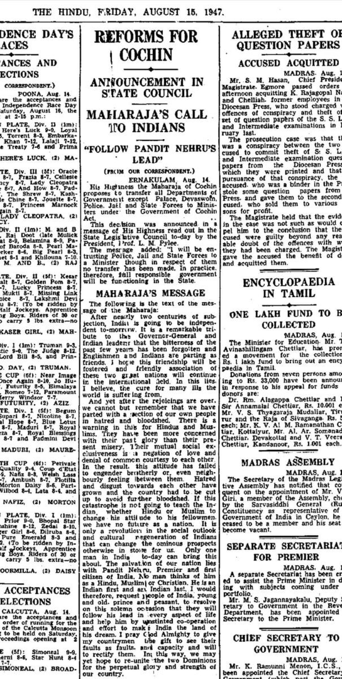 A news item in The Hindu, dated August 15, 1947, about the reforms proposed by the Maharaja of Cochin to the State Council 
