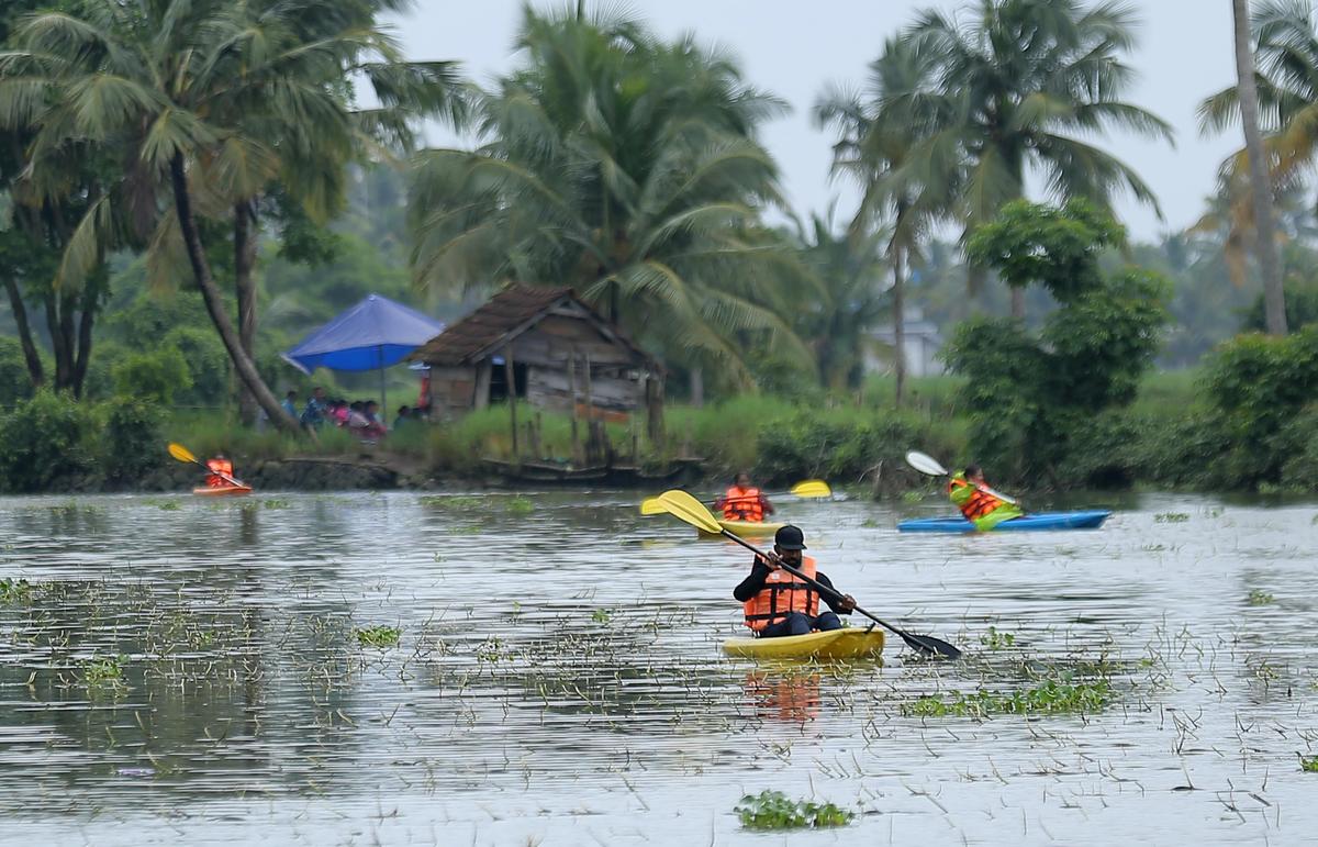 Domestic tourists enjoy kayaking on the Cheriyakadamakkudy backwaters