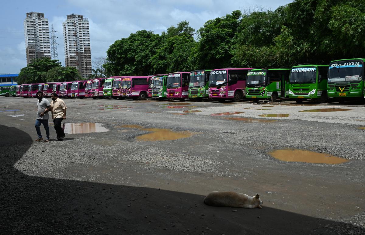 Private buses parked at the Vyttila Mobility Hub. Bus services were disrupted due to the nationwide strike called by trade unions on Wednesday. 