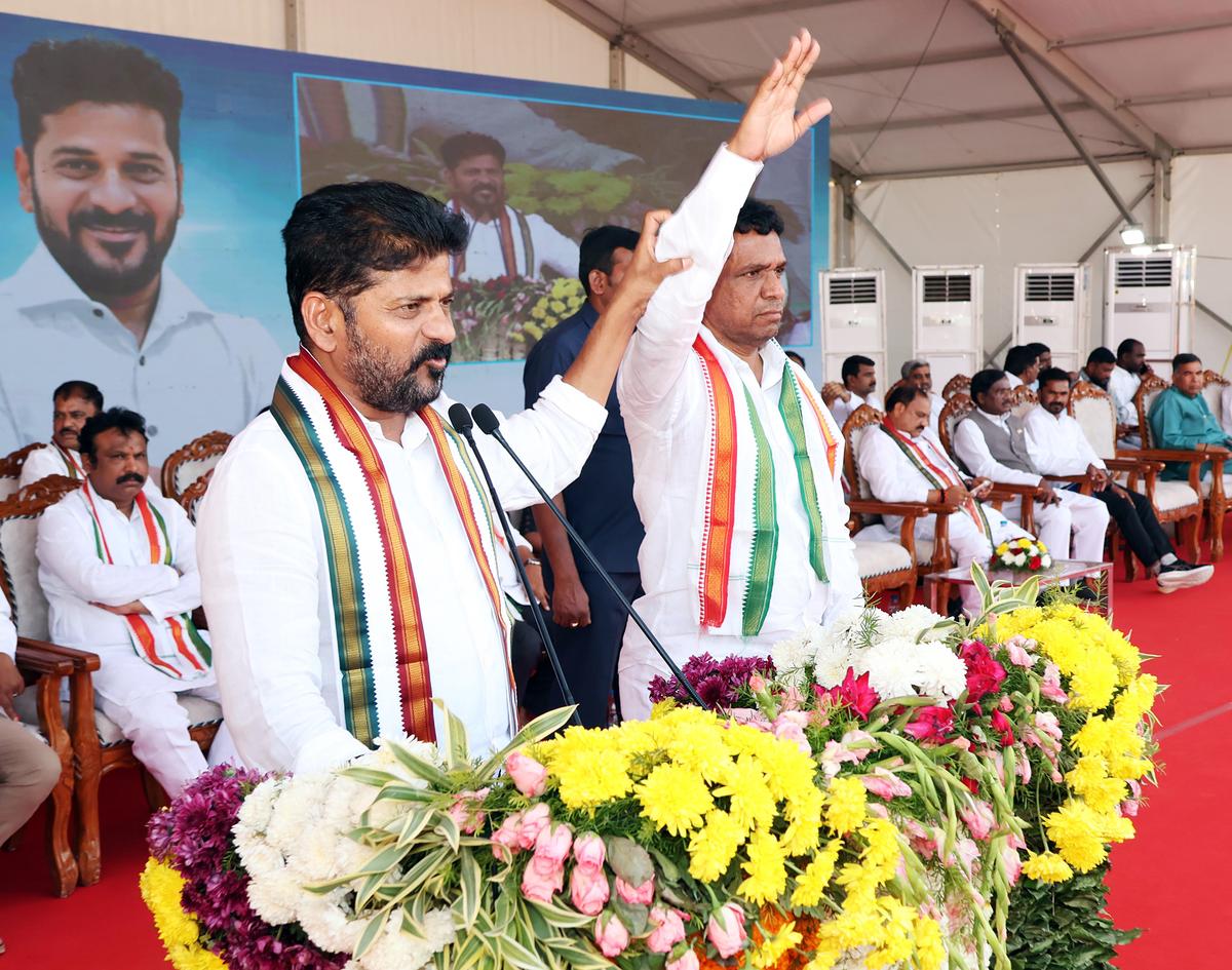 Telangana Chief Minister Revanth Reddy addresses the gathering during the MLC election campaign meeting, in Mancherial. File