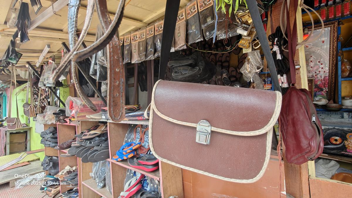Handmade footwear and bags for conductors on sale at Kamarajapuram 