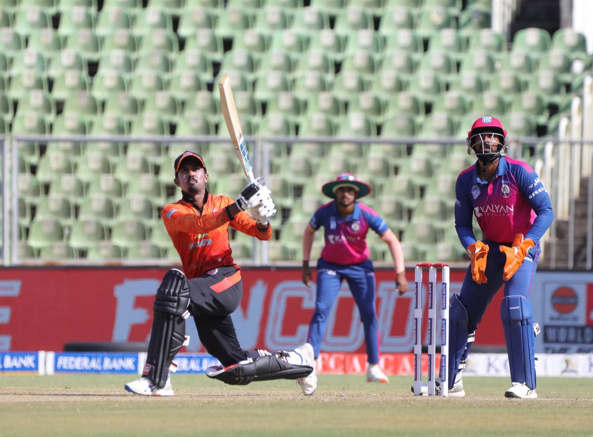 Calicut Globstars’ Rohan Kunnummal in action during Kerala Cricket League match against Trivandrum Royals at the Greenfield International stadium in Thiruvananthapuram on Tuesday, September 17, 2024.