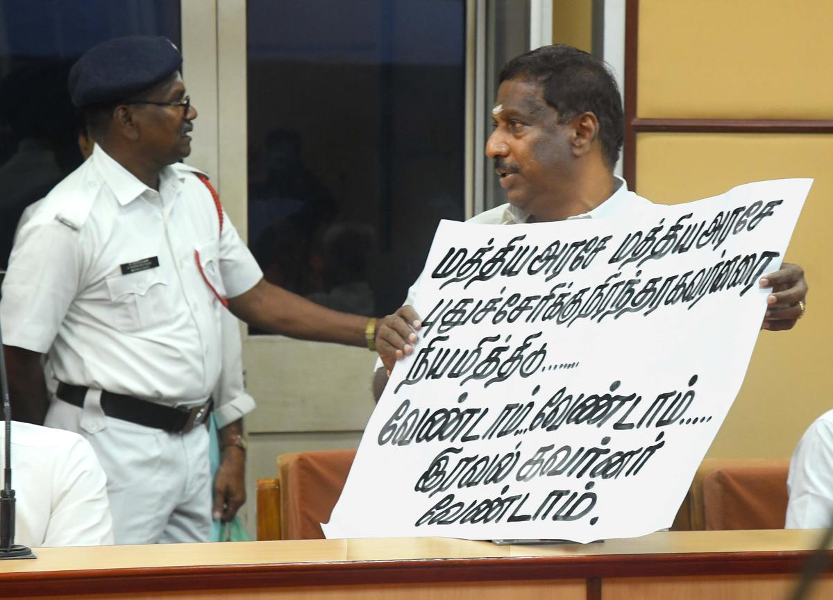 Independent MLA Nehru alias Kuppusamy staged a sit-in in the Vidhan Sabha demanding the appointment of a permanent Lieutenant Governor for Puducherry on March 9, 2023