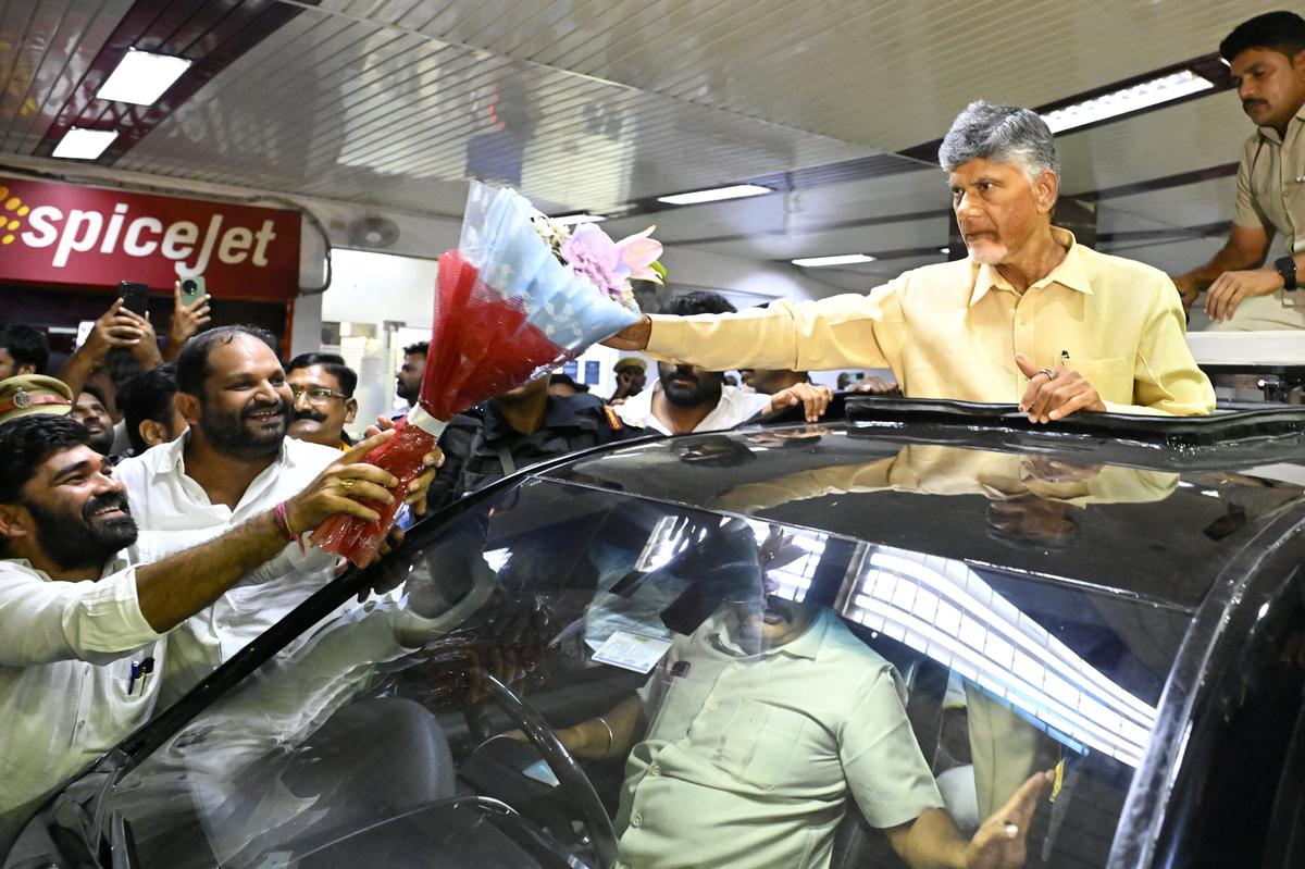 Telugu Desam Party (TDP) activists gathered to welcome Andhra Pradesh Chief Minister N. Chandrababu Naidu who arrived at Begumpet Airport in Hyderabad on July 5, 2024. 