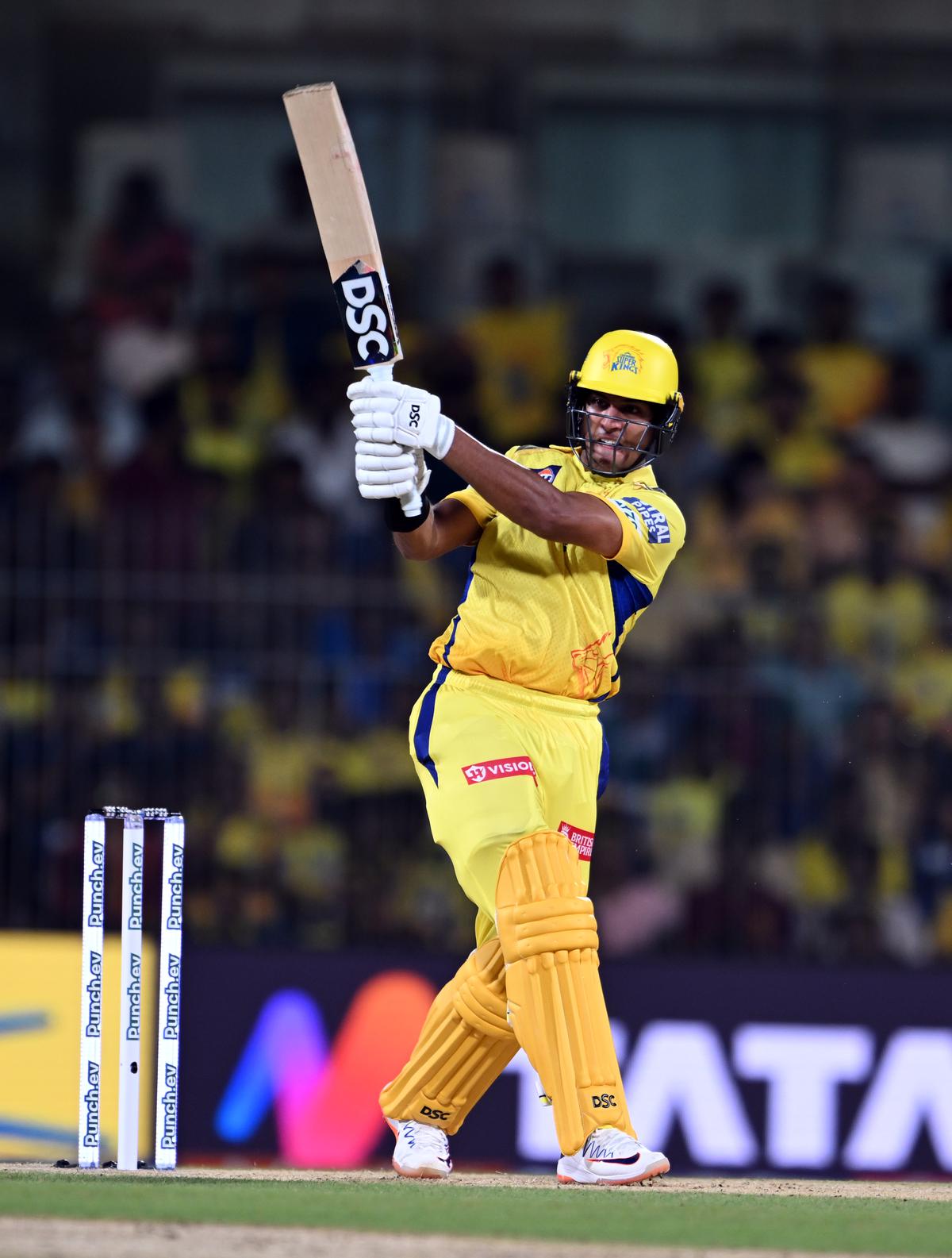 Rachin Ravindra in action against Gujarat Titans at the M.A. Chidambaram Stadium in Chennai on Tuesday, March 26, 2024.