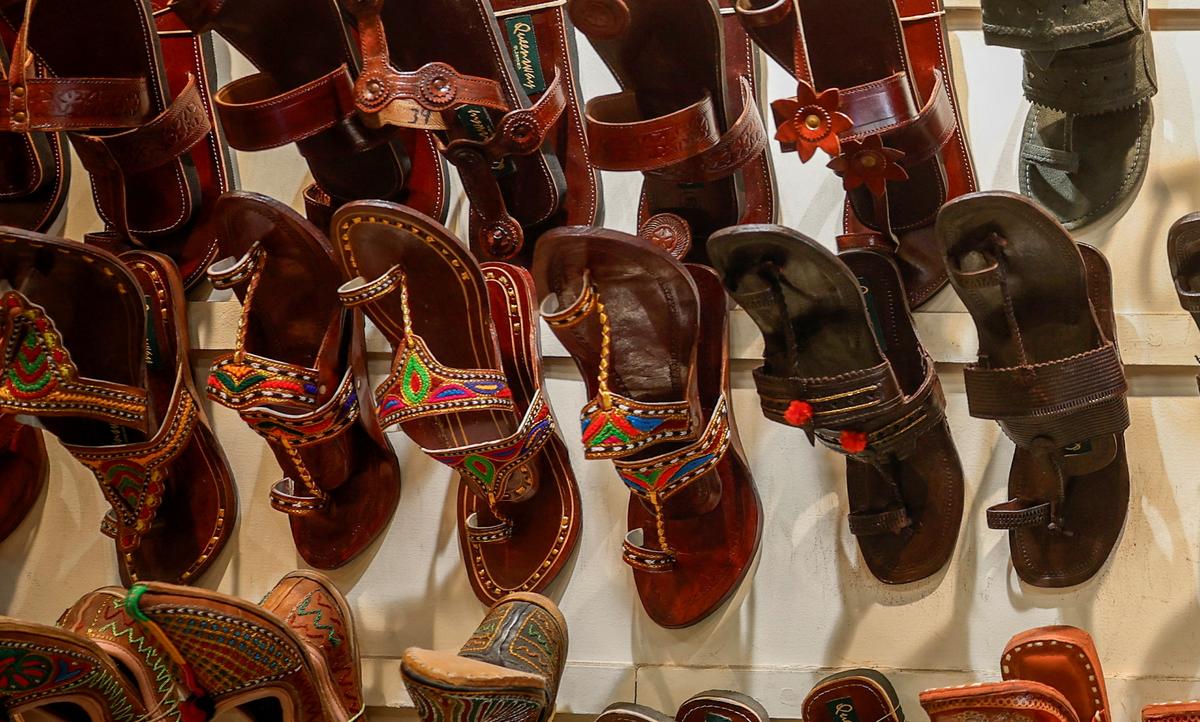 Kolhapuri chappals on display at a footwear store in New Delhi.