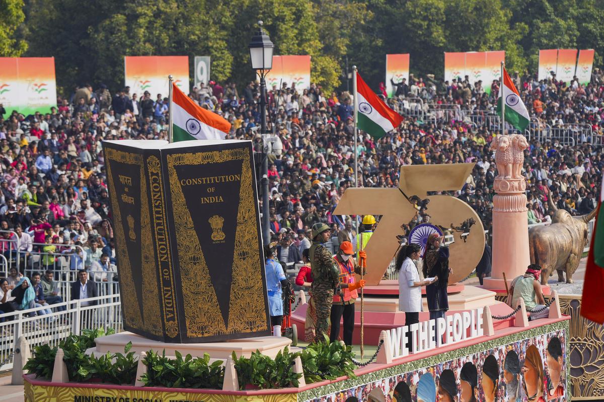 A tableau celebrating 75 years of Constitution of India on display. A tableau celebrating 75 years of Constitution of India on display.