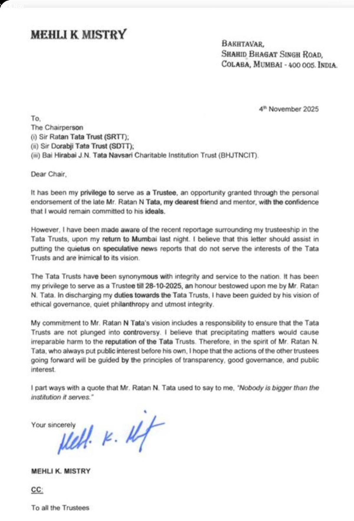 In a letter to the Chair of the Sir Ratan Tata Trust, Sir Dorabji Tata Trust and Bhai Hirabai JN Tata Navsari Charitable Institution Trust, Mr. Mistry said that he is writing to “put the quietus on speculative news reports that do not serve the interests of the Tata Trusts and are inimical to its vision”.