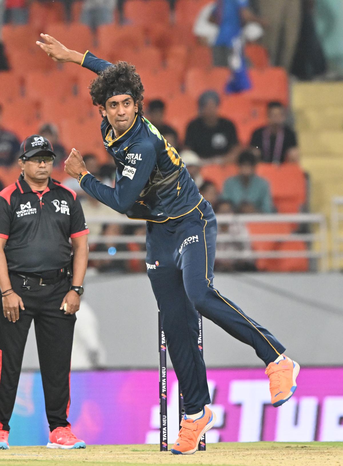 Gujarat Titans bowler Sai Kishore in action during their IPL T20 eleminator match at the New Chandigarh Stadium. Gujarat Titans bowler Sai Kishore in action during their IPL T20 eleminator match at the New Chandigarh Stadium.