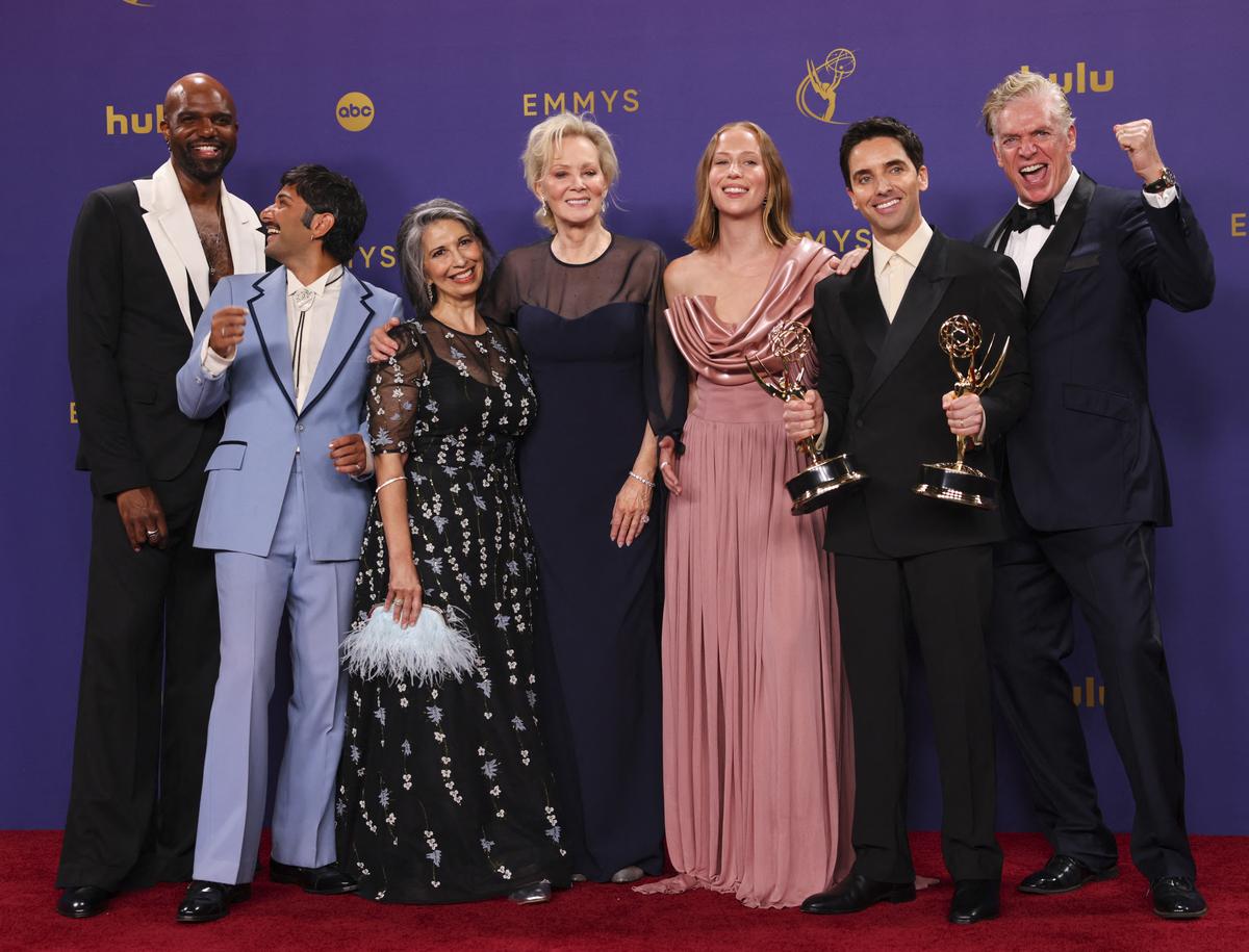 Carl Clemons-Hopkins, Mark Indelicato, Rose Abdoo, Jean Smart, Hannah Einbinder, Paul W. Downs and Christopher McDonald, winners of the Outstanding Comedy Series award for ‘Hacks’, pose at the 76th Primetime Emmy Awards