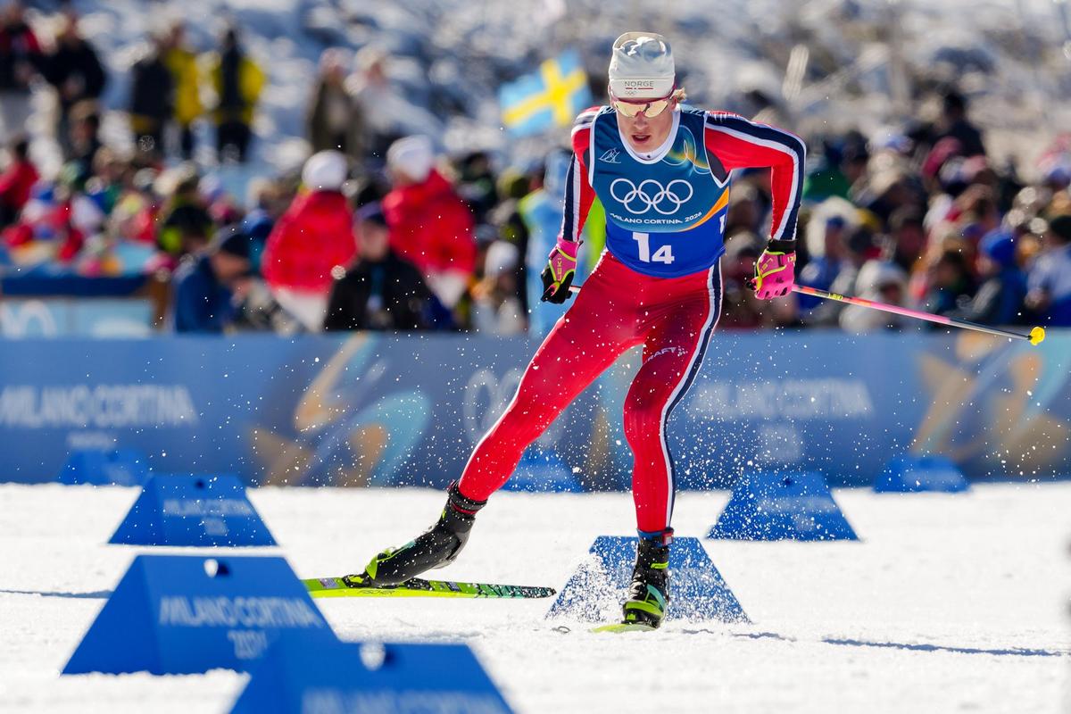 Johannes Hoesflot Klaebo of Norway competes in the cross country skiing men's 4 x 7.5 km relay at the 2026 Winter Olympics in Tesero, Italy, February 15, 2026. Johannes Hoesflot Klaebo of Norway competes in the cross country skiing men's 4 x 7.5 km relay at the 2026 Winter Olympics in Tesero, Italy, February 15, 2026.