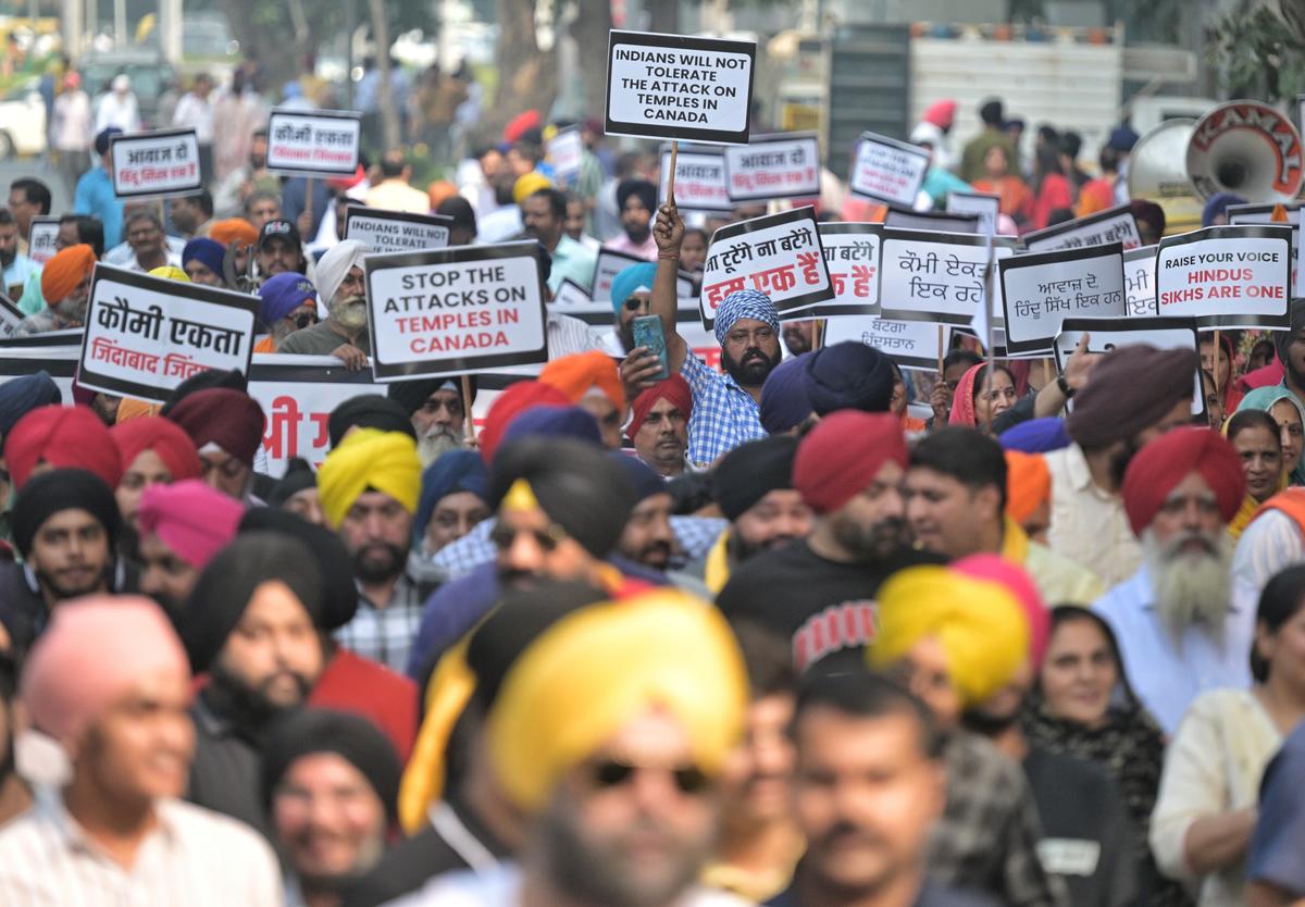 Hindu Sikh global forum protests against temple attack in Canada, near Canada Embassy in New Delhi on November 10, 2024.