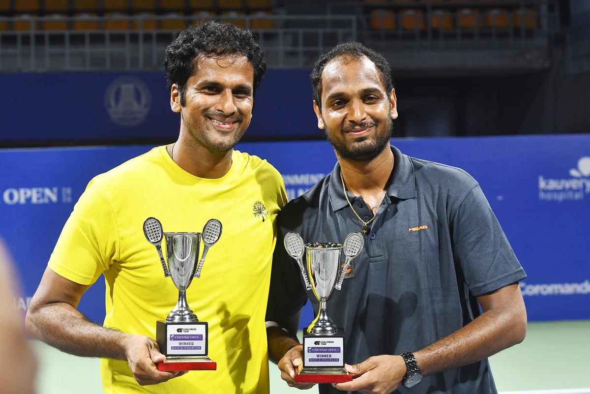 Saketh Myneni and Ramkumar Ramanathan who won the doubles finals at the Chennai Open