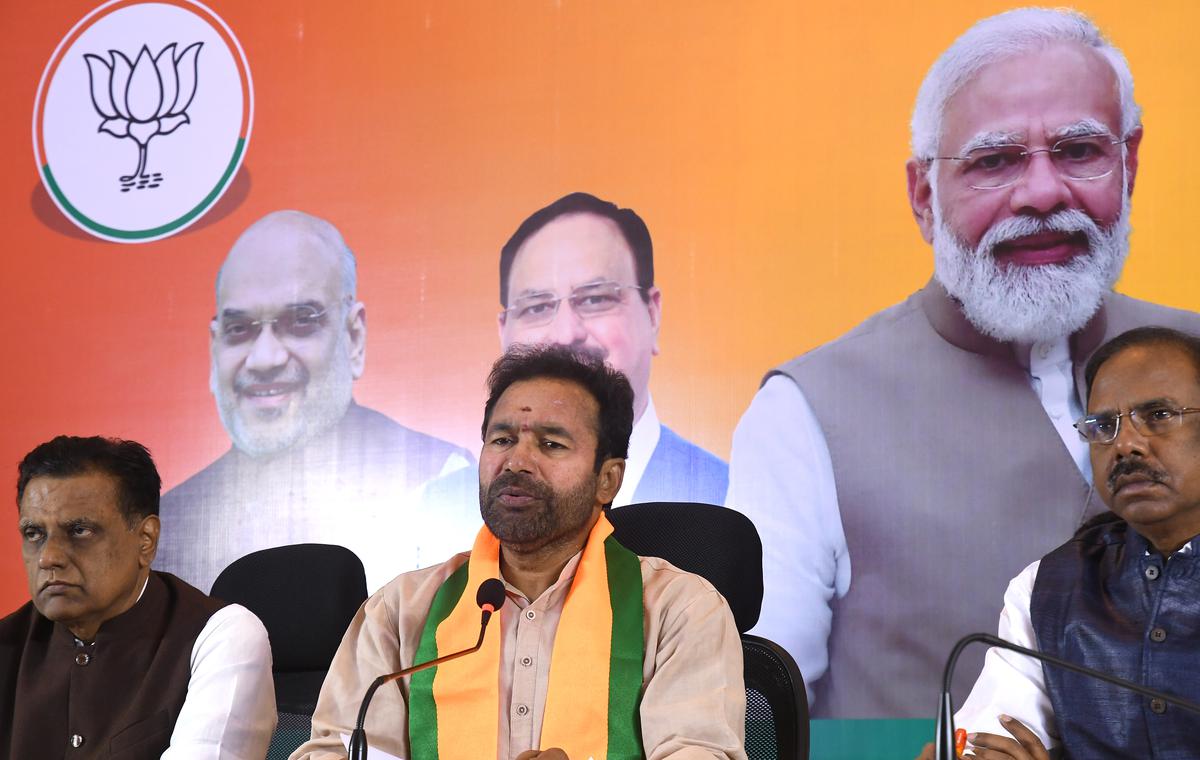 Union Minister and TS BJP president G. Kishan Reddy addressing a press conference in Hyderabad on Wednesday.