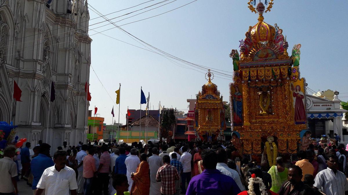 Thousands of pilgrims assembly to witness the Golden Car procession taken out to mark the end of the 10-day annual festival of Our Lady of Ransom Church in Kanniyakumari. File