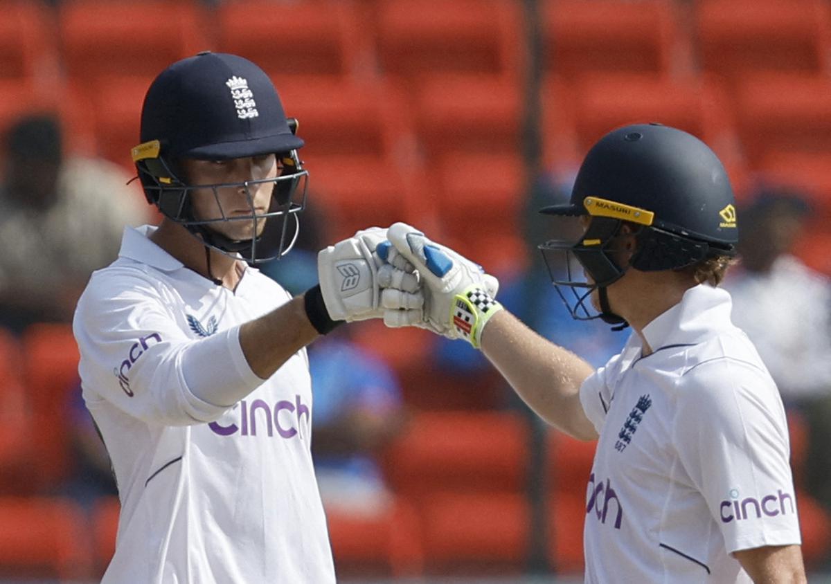 England’s Ollie Pope and Tom Hartley during the match against India in Hyderabad on Jan 28, 2024.