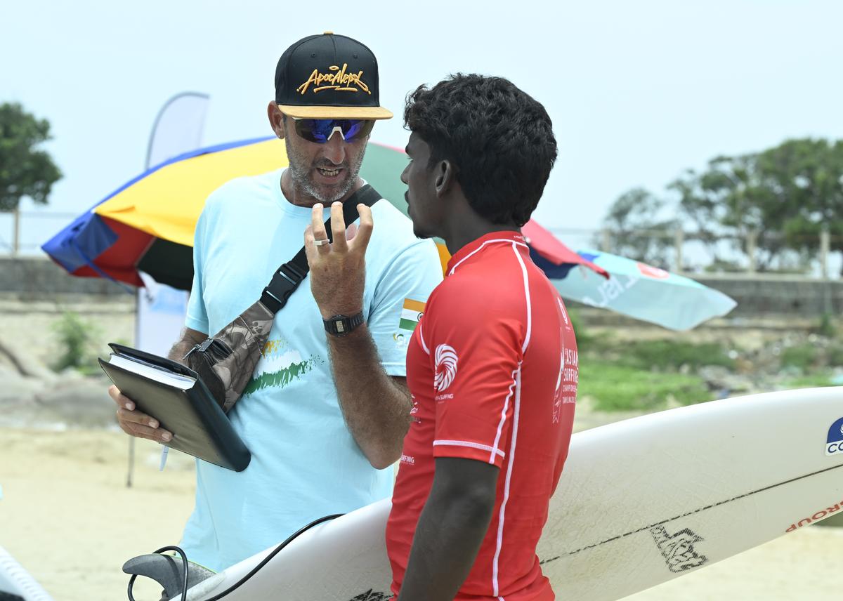 Samai Reboul, Indian Surfing Team Coach and surfer Srikanth at the Asian Surfing Championships at Mamallapuram Samai Reboul, Indian Surfing Team Coach and surfer Srikanth at the Asian Surfing Championships at Mamallapuram