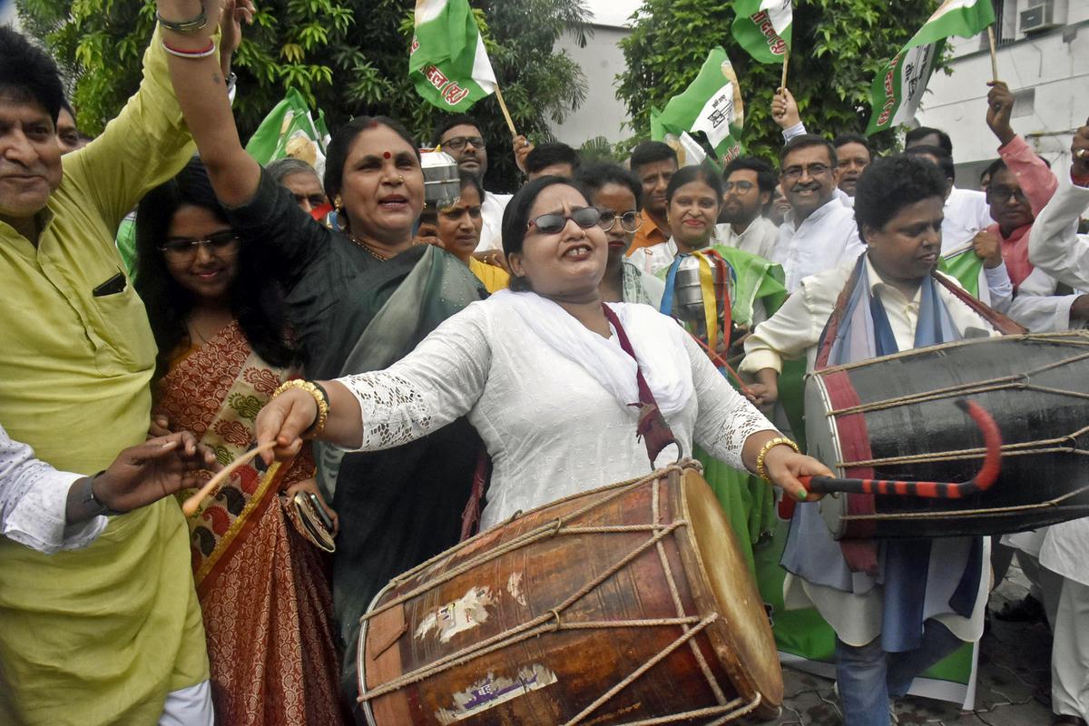 Supporters of Bihar Janata Dal (U) Most Backward Cell celebrate during a procession after the release of the Caste Census Report, in Patna in 2023. File