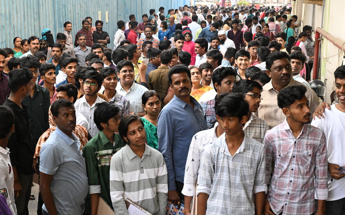 Intermediate first year students entering the examination centre on the day one in Vijayawada on March 1, 2025.