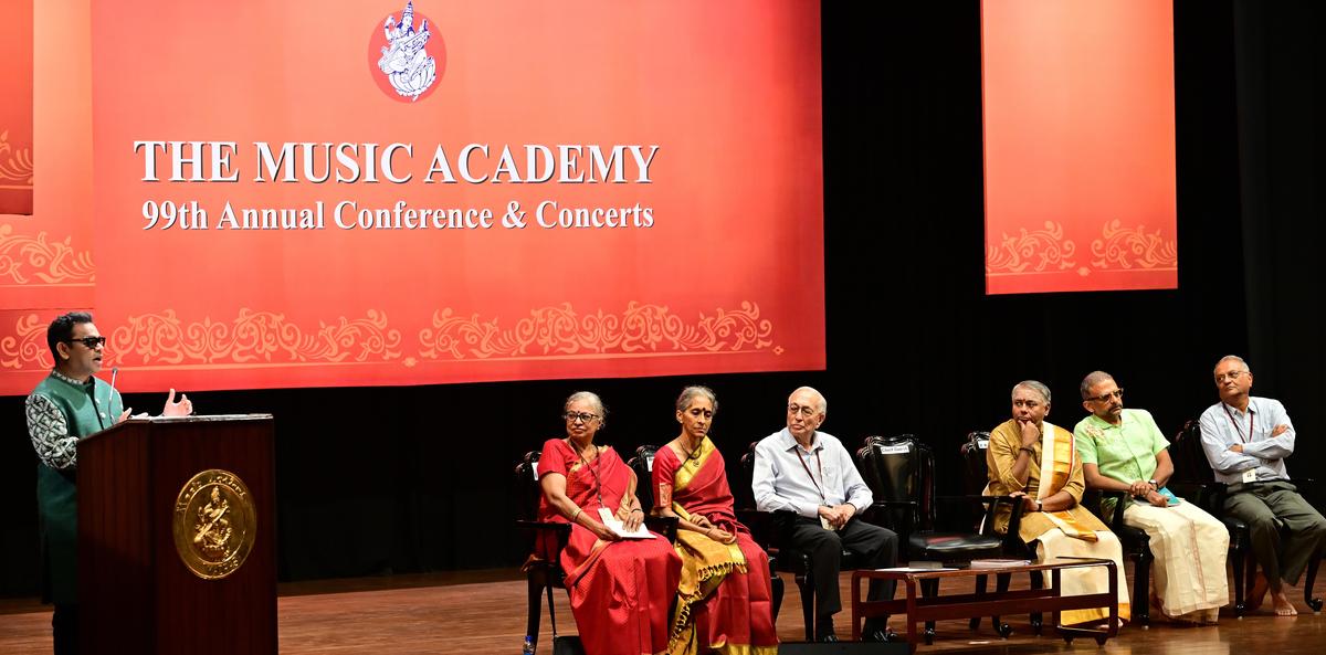 A.R. Rahman speaks at the inauguration of the 99th Annual Conference and Concerts of the Music Academy in Chennai on December 15, 2025 