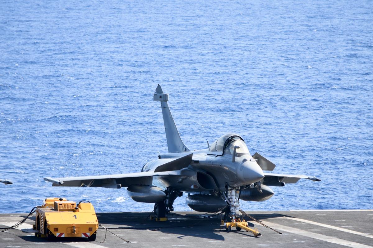 A French Navy Rafale-M fighter jet on the aircraft carrier Charles de Gaulle off Goa coast during Ex Varuna on March 22, 2025