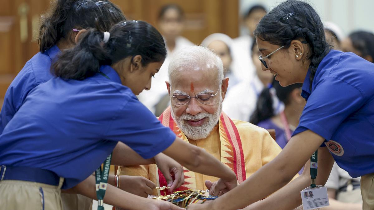 PM Modi celebrates Raksha Bandhan with students, members of Brahma Kumari and others