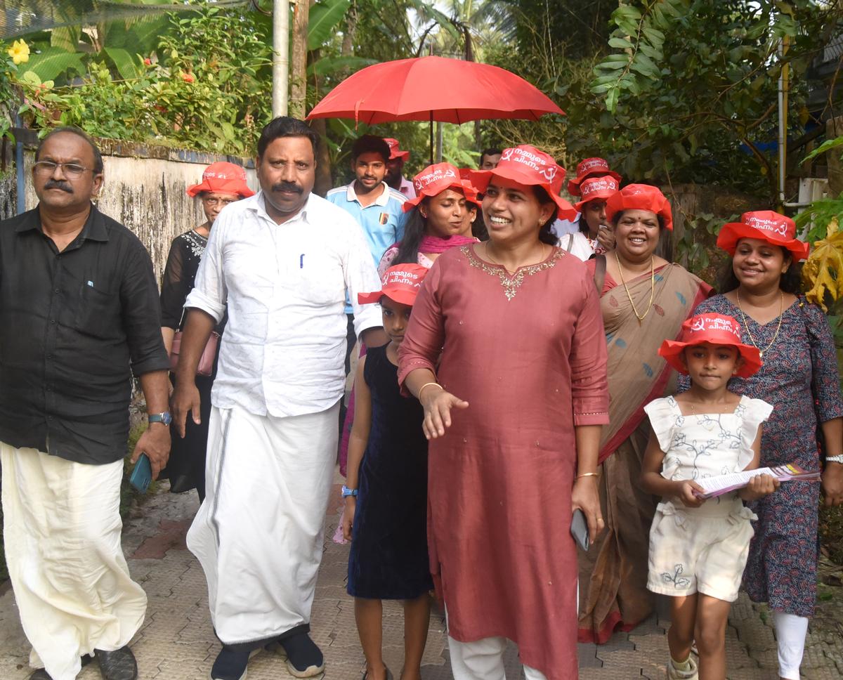 Shyni, LDF candidate in Edakkad division, campaigning in the city on November 30. Shyni, LDF candidate in Edakkad division, campaigning in the city on November 30.