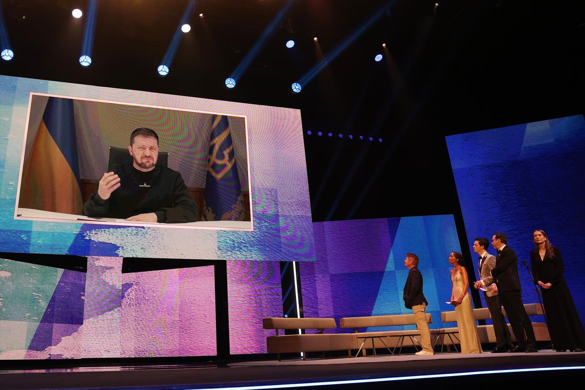 Ukraine’s President Volodymyr Zelensky addresses the audience digitally at Berlinale 2023.