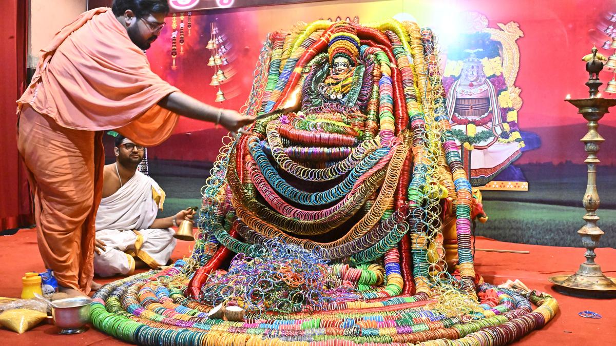 Goddess Kanaka Durga adorned with bangles as part of ‘Gajula Alankaram’