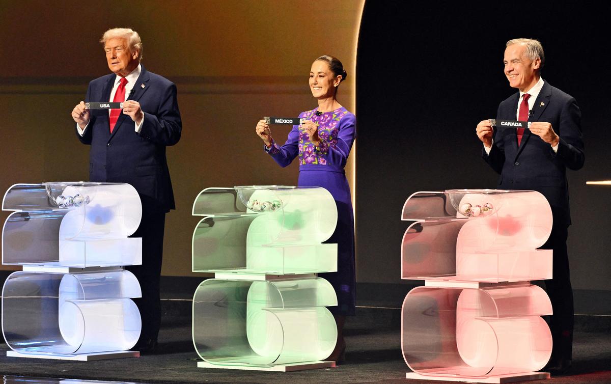 File picture of U.S. President Donald Trump, Mexico's President Claudia Sheinbaum and Canada's Prime Minister Mark Carney during the draw for the FIFA World Cup