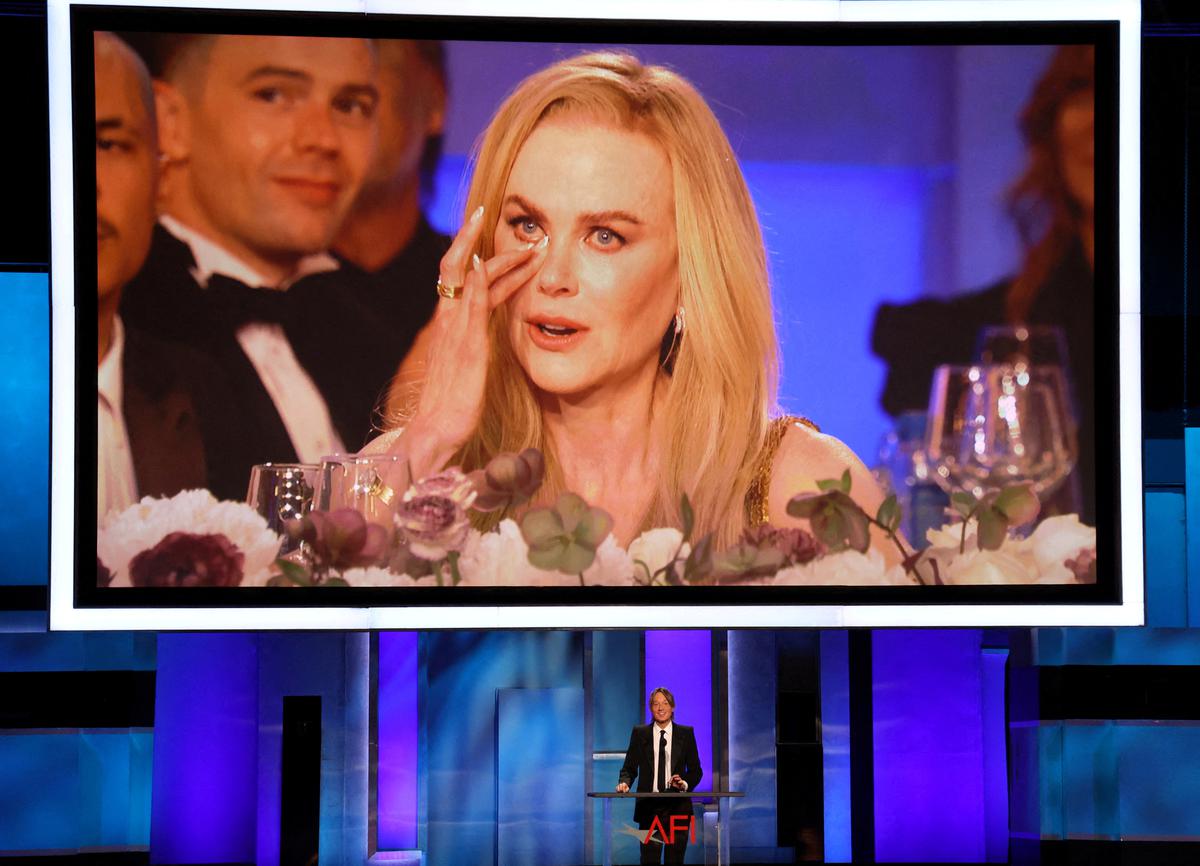 Nicole Kidman reacts while her husband Keith Urban speaks on stage at the 49th AFI Life Achievement Award Tribute Gala in Los Angeles, California, U.S., April 27, 2024.