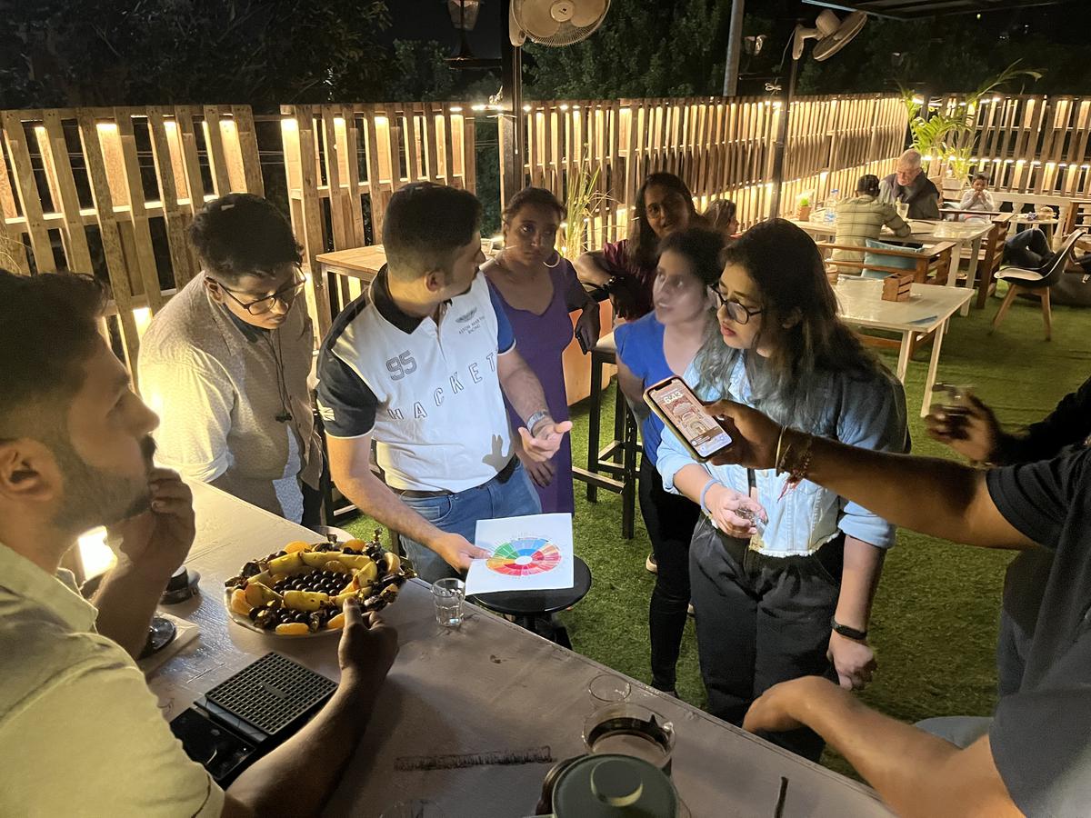 Participants learning about the flavor wheel of a coffee taster at Wabi Sabi Art Cafe in Visakhapatnam.