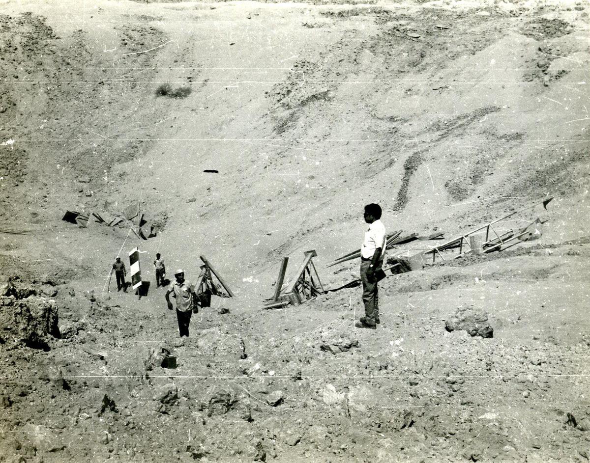A close-up view of the centre of the crater created by the nuclear explosion at Pokhran in May 1974.