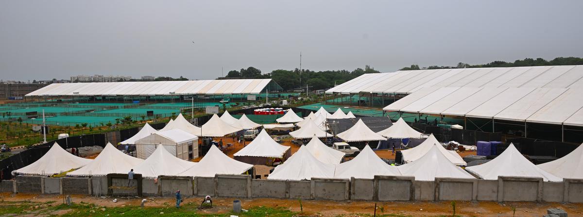 A venue being readied at Andhra University Engineering College grounds for the International Yoga Day event, in Visakhapatnam. This venue will be used as an alternative for the programme if it rains on June 21. 