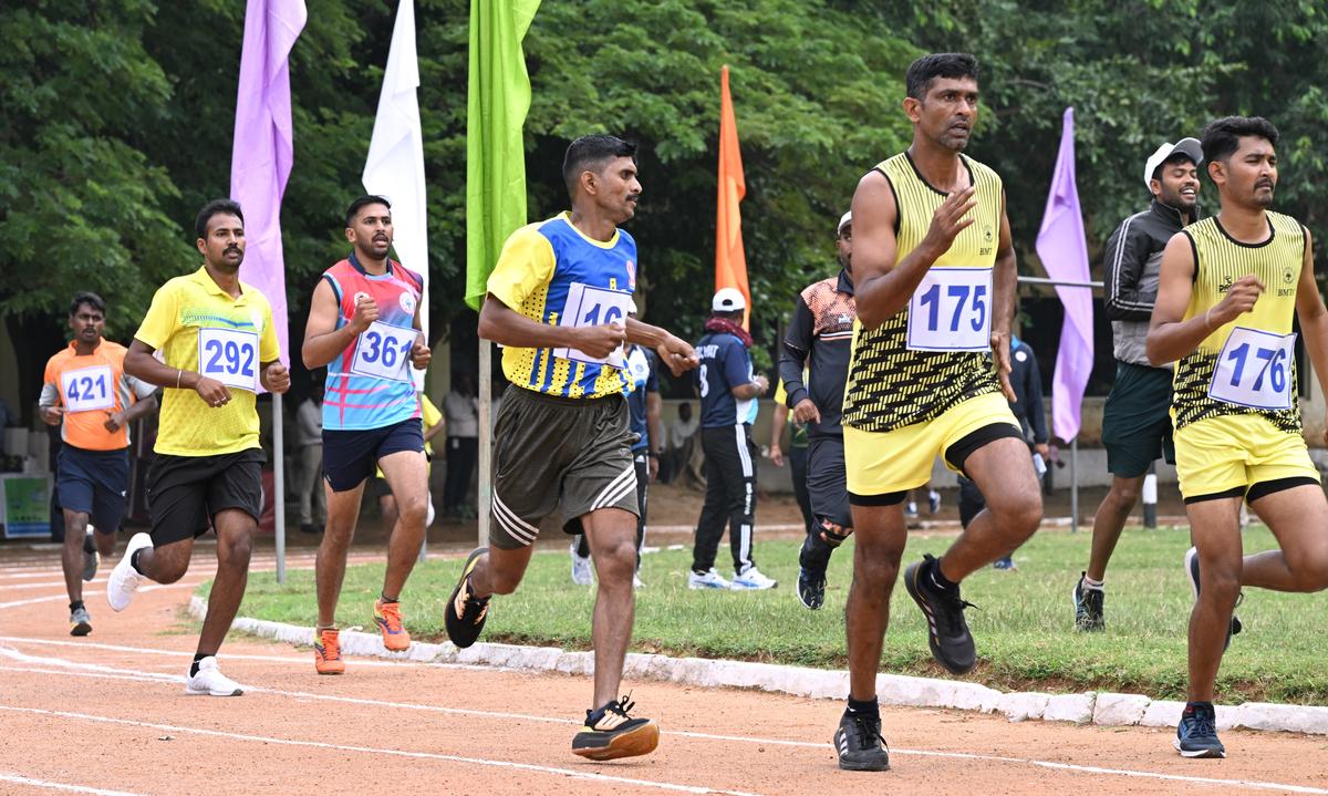 Players participating in the three-day All India Public Bus Transport Athletic Meet at Police Parade Ground at Kailasagiri, in Visakhapatnam on Friday.  
