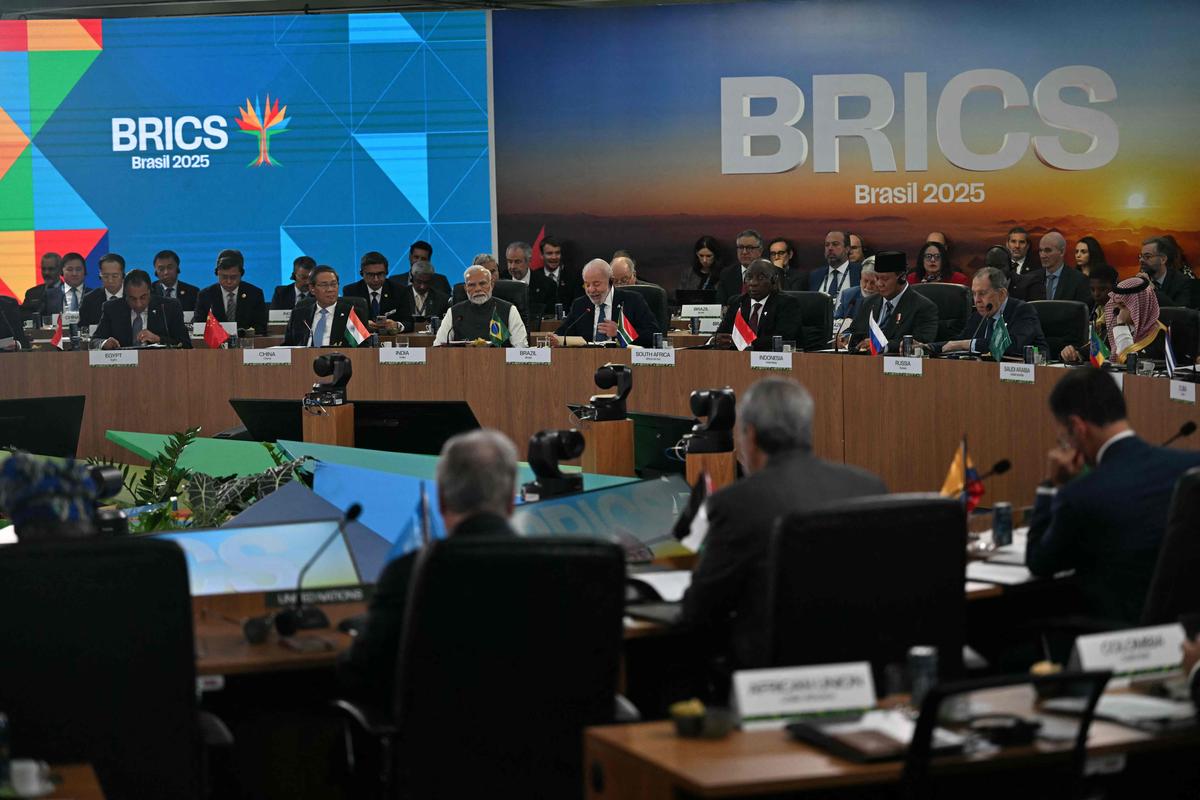 SUPPORT SYSTEM: Brazil’s President Luiz Inacio Lula da Silva (C) speaks during a plenary session of the BRICS summit in Rio de Janeiro, Brazil, on July 7, 2025. BRICS leaders took aim at U.S. President Donald Trump’s “indiscriminate” import tariffs and recent Israeli-US strikes on Iran.