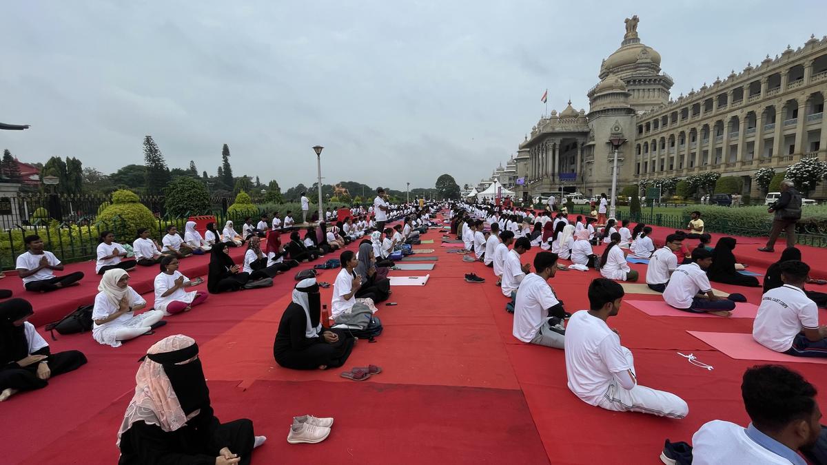 Participants at the International Yoga Day programme organised on the Vidhana Soudha premises in Bengaluru on Wednesday. 