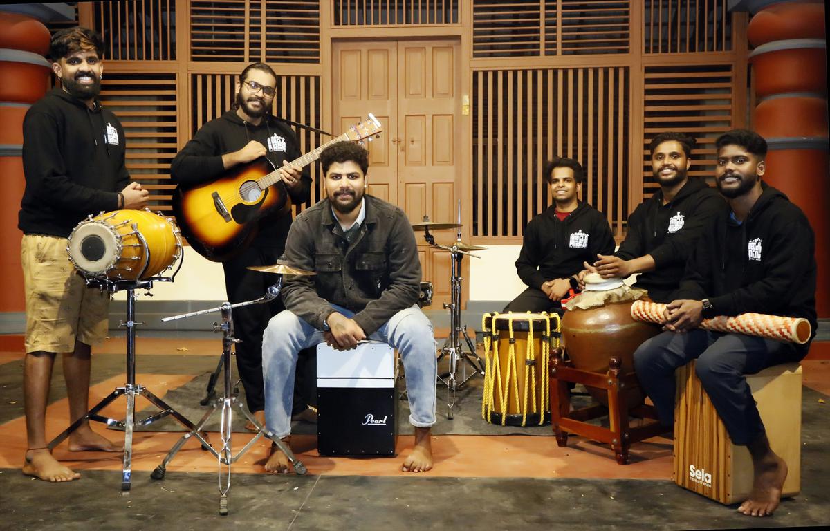 Members of the percussion band, Arakavyuuham, formed by students of Kerala Kalamandalam