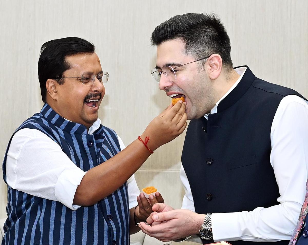 Raghav Chadha, Sandeep Pathak and Ashok Mittal call on BJP president at Delhi HQ