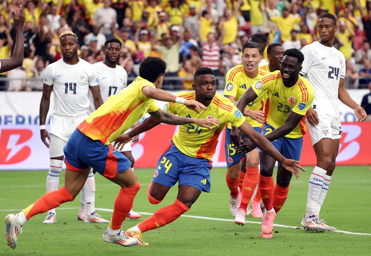 Colombia players celebrate a goal against Panama during the Copa America 2024 quarterfinal, on July 6, 2024.