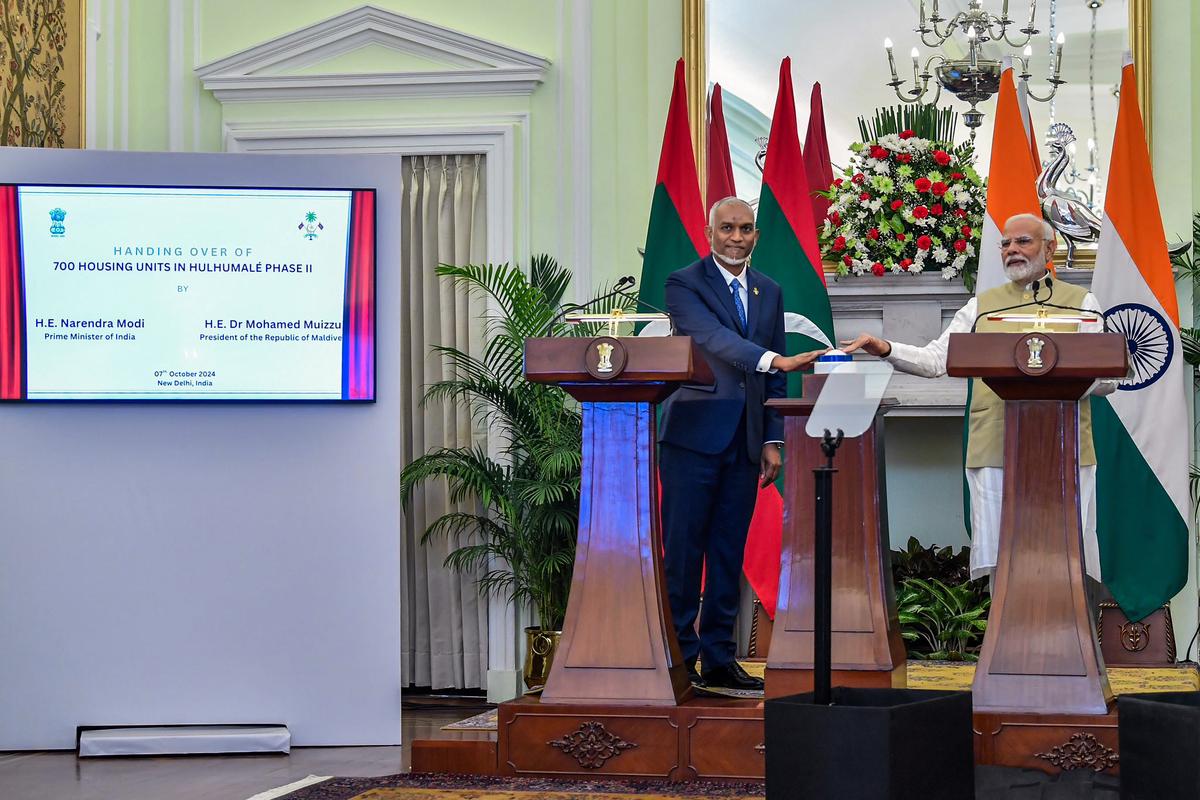 Prime Minister Narendra Modi and Maldives President Mohamed Muizzu during joint Press Statements, at Hyderabad House in New Delhi on October 7, 2024.